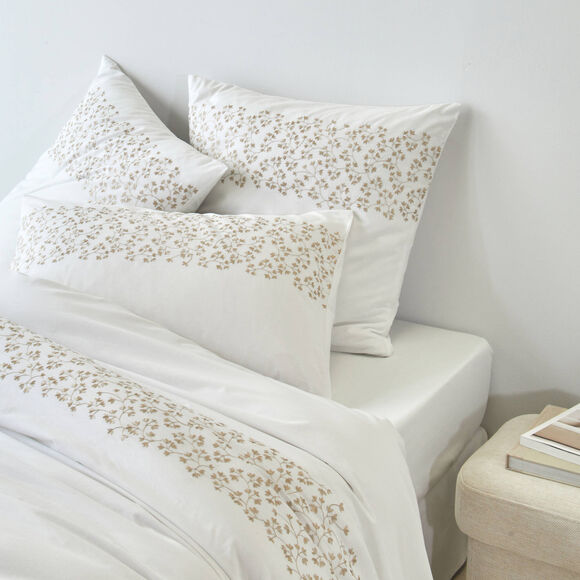 Linge de lit blanc brod&eacute; feuillage - coton 57 fils/cm&sup2; (blanc)