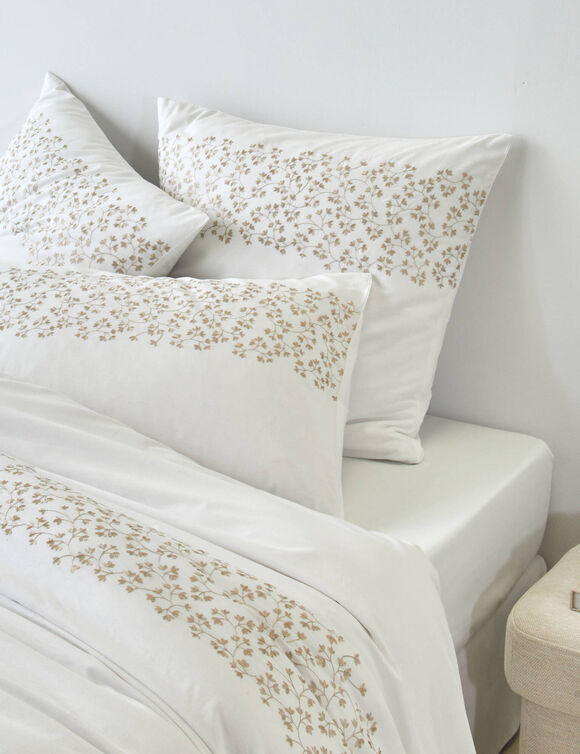 Linge de lit blanc brod&eacute; feuillage - coton 57 fils/cm&sup2; (blanc)