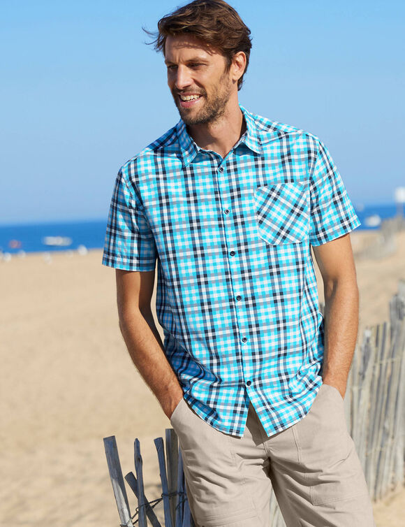  Chemise &agrave; carreaux manches courtes polycoton (bleu)