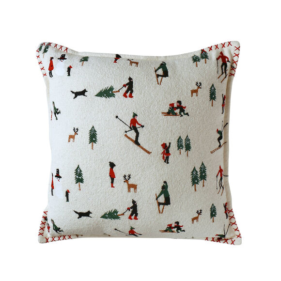 Coussin coton bouclette, broderies skieurs (&eacute;cru / rouge / vert)
