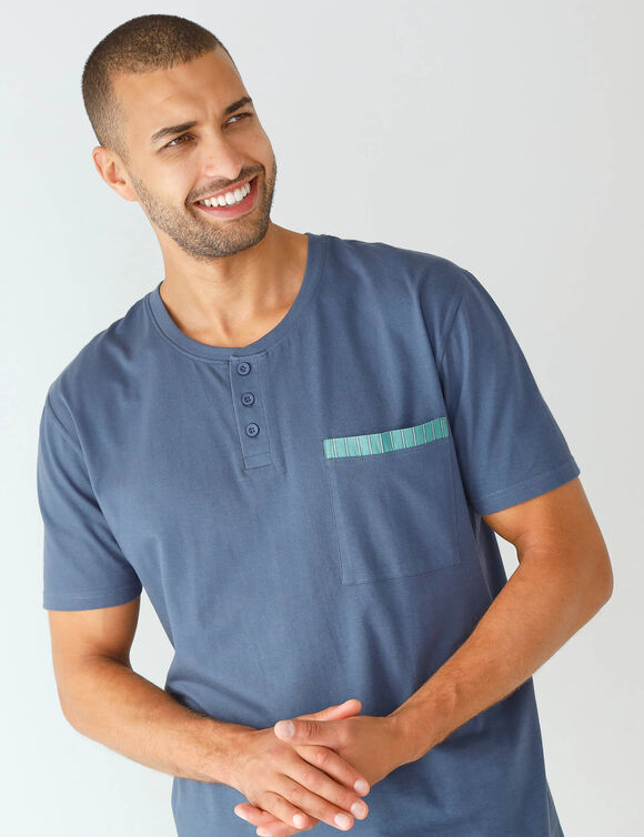 Shortama in 2 materialen, Tunesische hals (grijsblauw / aqua)