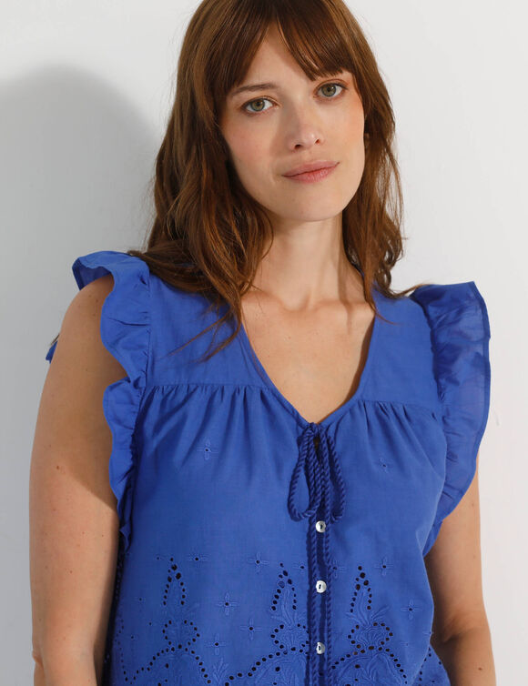Effen bloes met V-hals en knoopsluiting, broderie anglaise (felblauw)