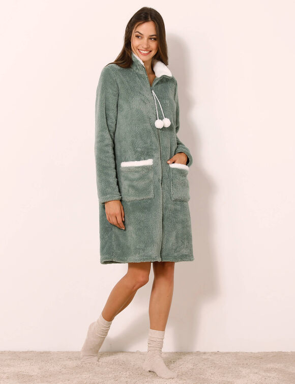 Robe de chambre maille polaire zipp&eacute;e (kaki / &eacute;cru)