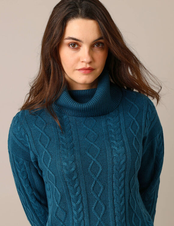 Pull tunique torsadé à col roulé (bleu paon)