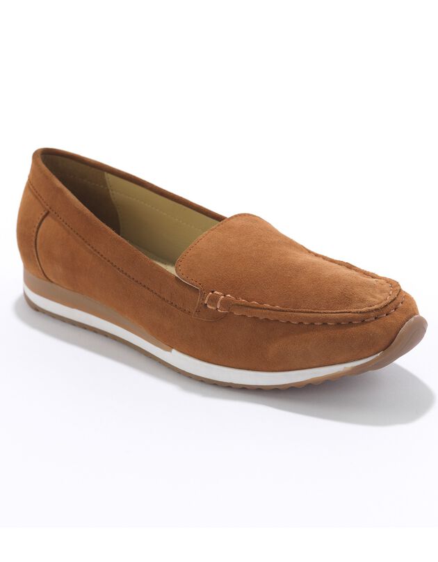 Mocassins in splitleer met tweekleurige, gekartelde zool (karamel)