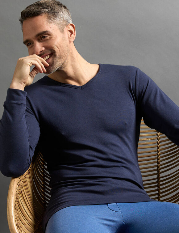 Ondershirt voor heren, V-hals en lange mouwen, matige warmte - set van 2 (marine)