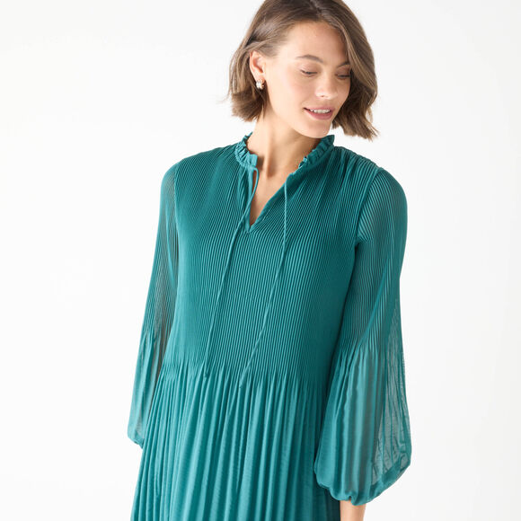 Halflange effen jurk, pliss&eacute;voile (smaragd)