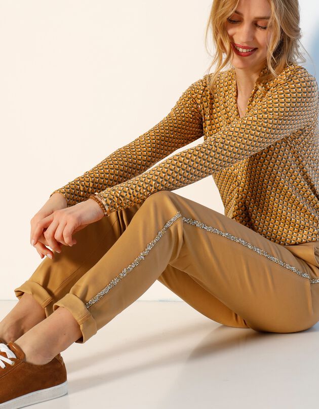 Pantalon chino bande strassée, safran Pantalon chino bande strassée, safran, hi-res