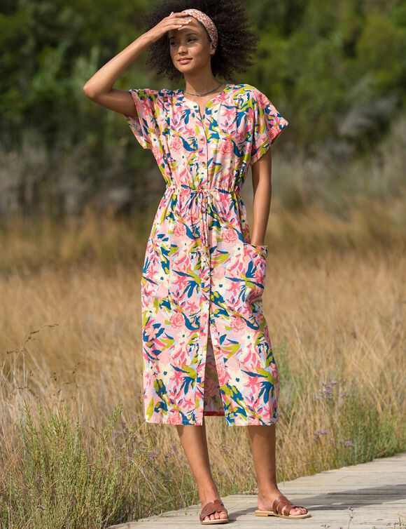 Robe midi boutonnée imprimée, coton lin (pêche / vert)