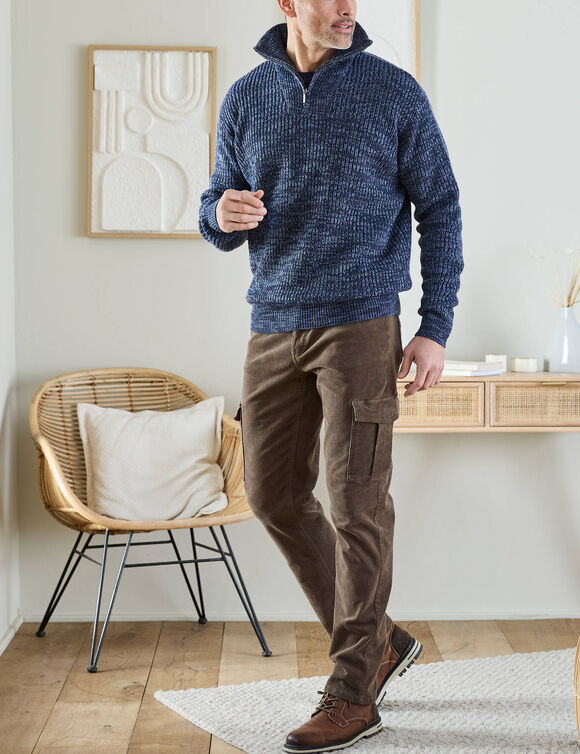 Trui met vrachtwagenchauffeurskraag, Engelse rib, 30% wol (gespikkeld blauw)