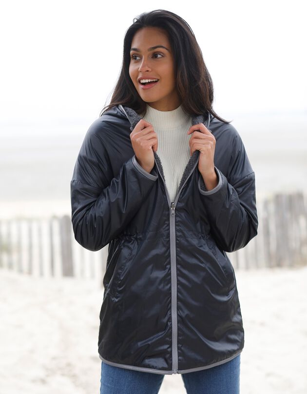 Parka bouclette métallisée réversible (gris / noir)