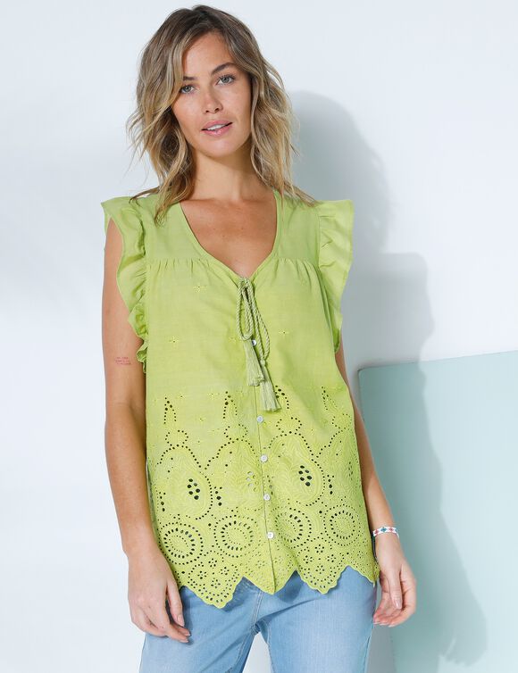 Effen bloes met V-hals en knoopsluiting, broderie anglaise (anijs)
