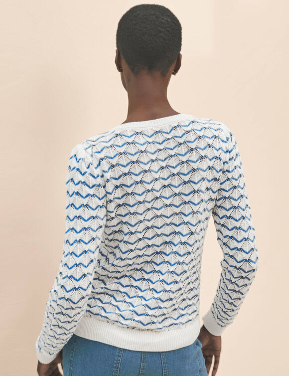 Pull col tunisien en maille fantaisie (blanc / bleu)