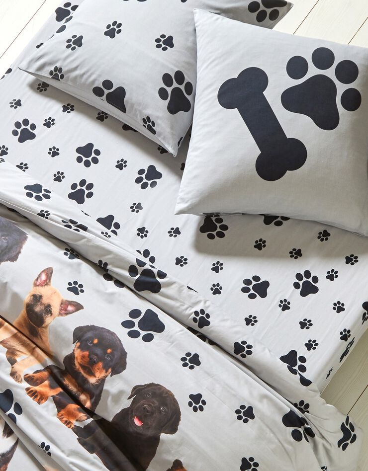 Linge de lit Fidèles en coton imprimé chiots (gris)