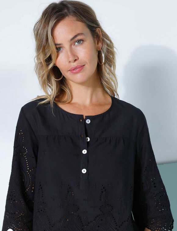 Blouse unie manches 3/4, broderie anglaise (noir)