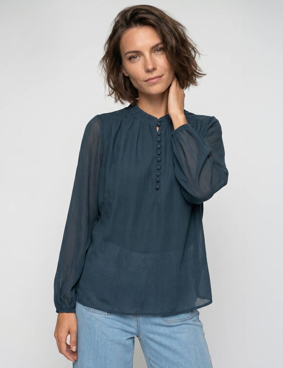 Blouse en voile &agrave; fente boutonn&eacute;e, manches blousantes (indigo)
