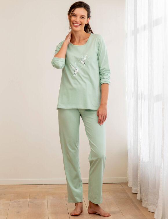Pyjama en coton imprim&eacute; oiseaux manches longues  (tilleul)