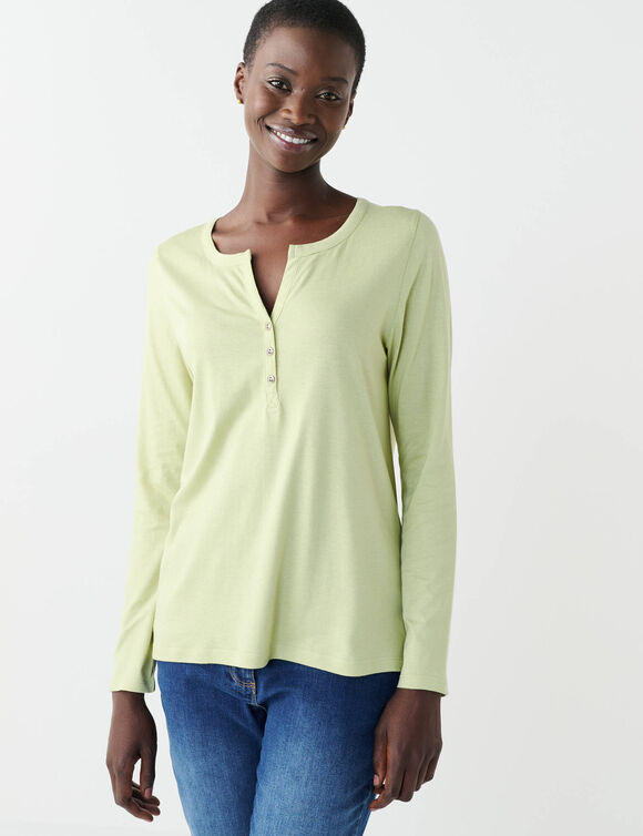 Tee-shirt col tunisien manches longues, uni (vert tilleul)