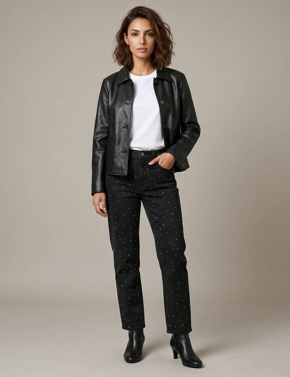 Jean noir coupe droite taille haute avec strass (noir)
