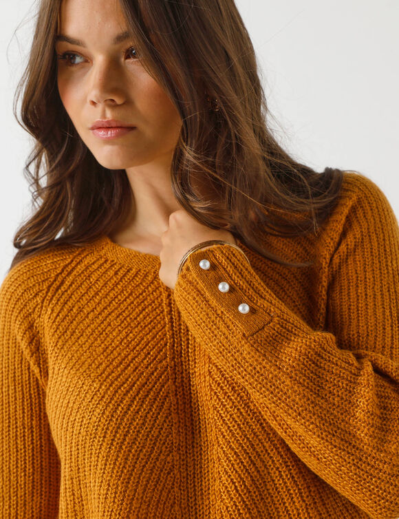Pull évasé, maille anglaise toucher doux (curry)