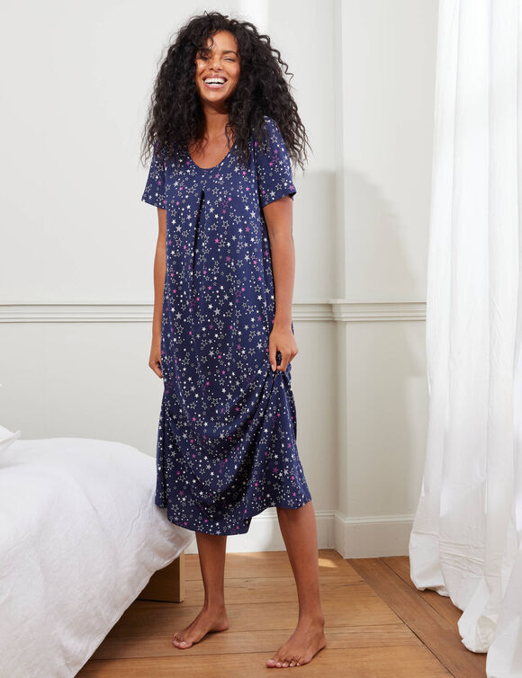 Chemise de nuit longue imprim&eacute;e manches courtes (marine / violine)