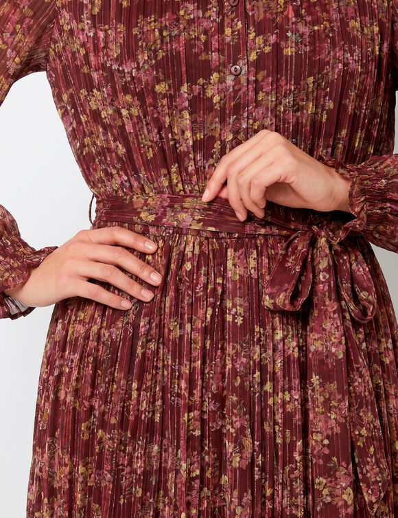 Robe-chemisier longue en voile jacquard imprim&eacute; floral (bordeaux / rose)