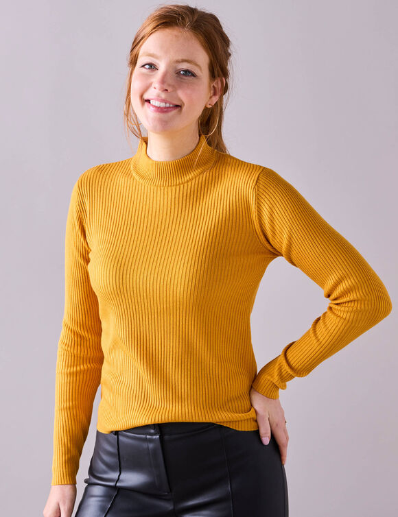 Pull col montant court, maille côtelée (curry)
