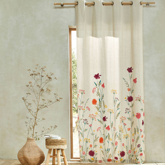 Rideau coton lin base fleurie (vert / orange)