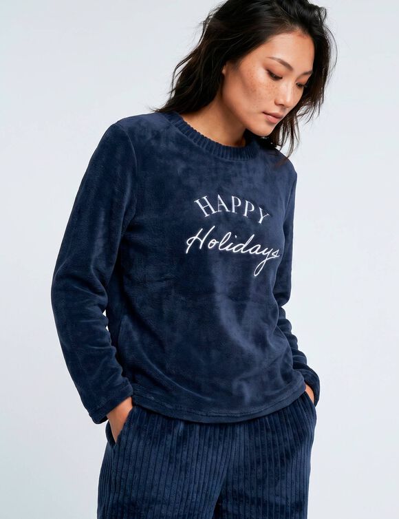 Pyjama pantalon polaire, haut brod&eacute;, avec masque de nuit (bleu)