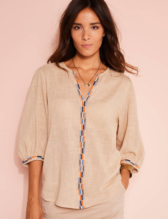 Blouse brodée en coton unie, manches 3/4 (beige)