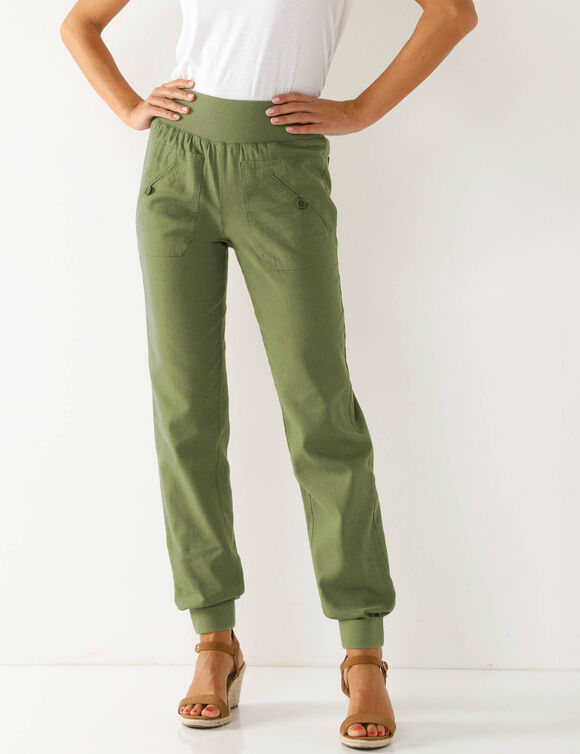 Pantalon blousant taille &eacute;lastiqu&eacute;e, lin coton (vert gris&eacute;)