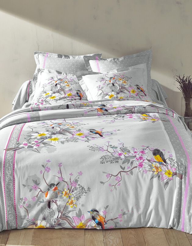 Linge de lit Birdy en coton imprimé oiseaux (gris)