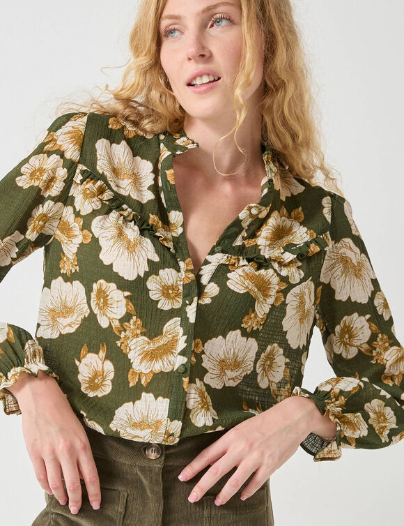 Blouse volantée imprimée floral, crépon (kaki)