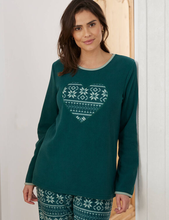 Pyjama pantalon imprimé coeur, maille polaire (vert sapin)