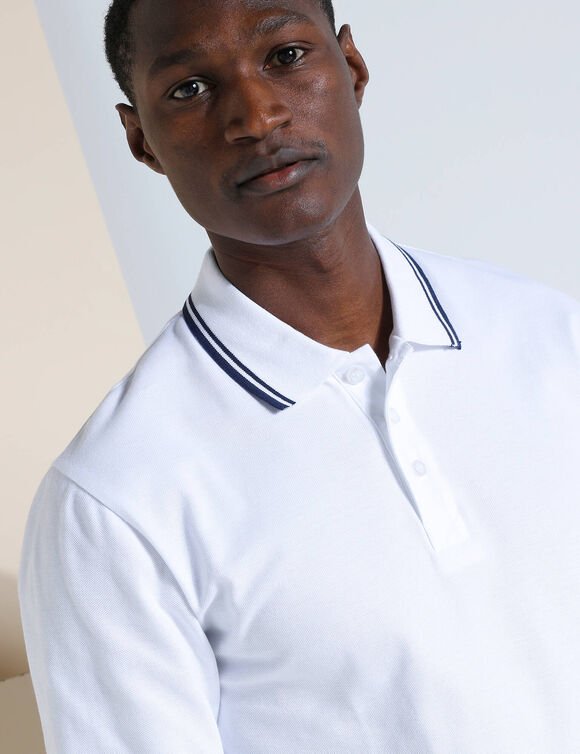 Polo uni maille piquée manches longues (blanc)