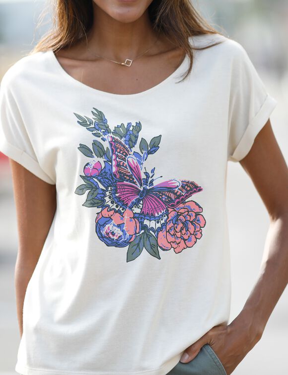 T-shirt imprimé placé, col rond (écru / kaki)