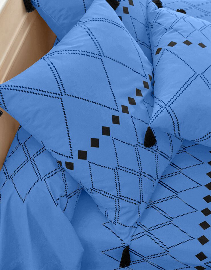 Bedlinnen Massai, in katoen met grafische motieven, afgewerkt met pompons (oceaanblauw)