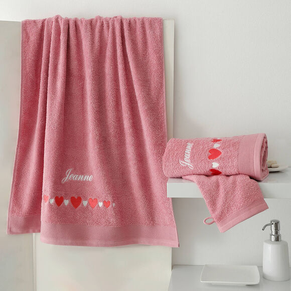 Serviettes de bain brod&eacute;es c&oelig;urs, personnalisable (vieux rose)