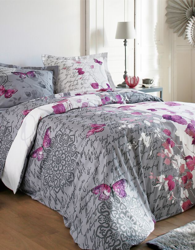 Bedlinnen in polyester-katoen Célestine met bloem- en vlindermotieven (grijs / parma)