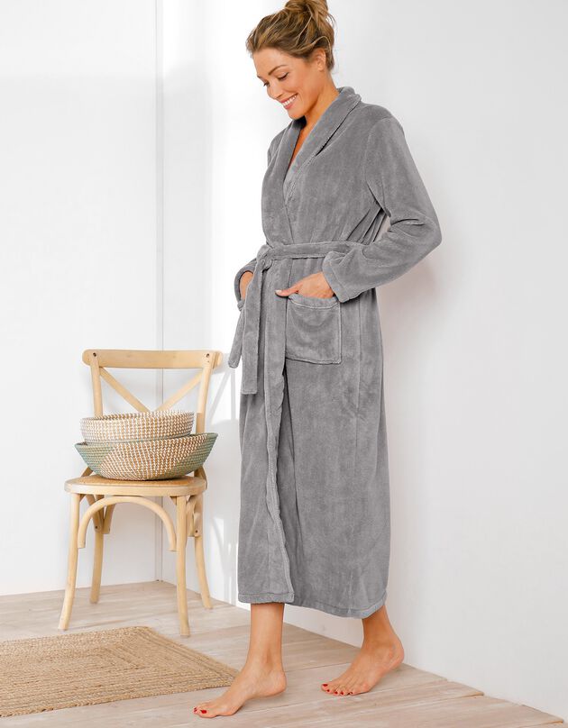 Peignoir in fleece met pluchetouch - 130 cm lang, lange mouwen (grijs)