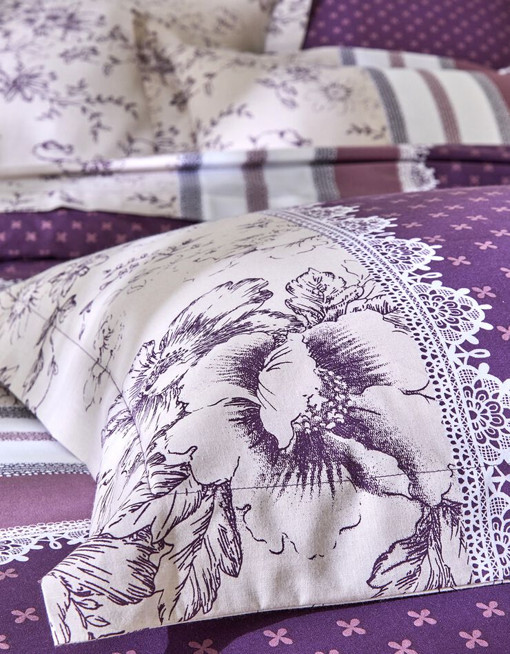 Linge de lit Gabrielle en coton imprimé pois, fleurs et dentelle (prune)