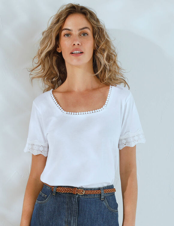 T-shirt col carré galon fantaisie (blanc)