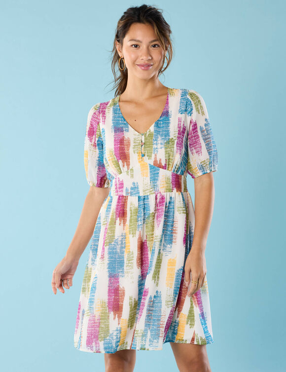 Robe courte Spécial Petites, voile imprimé (écru / violet)