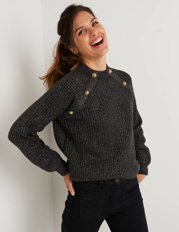 Pull boutonn&eacute; maille anglaise et fil brillant (anthracite chin&eacute;)