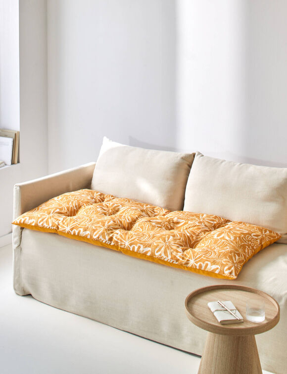 Long coussin d&eacute;co imprim&eacute; feuillage (miel)