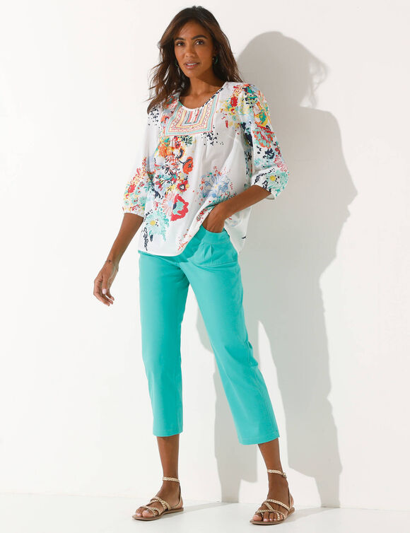 Blouse imprimée fleurs, détails brodés (blanc / vert menthe)