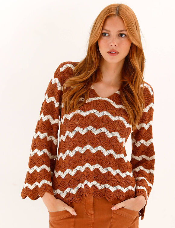 Pull fantaisie, manches pagodes (caramel / &eacute;cru)