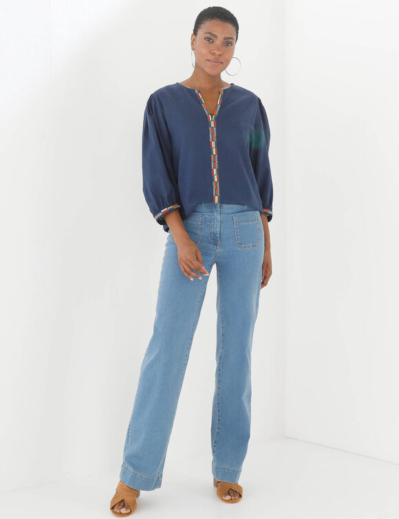 Blouse brod&eacute;e en coton unie, manches 3/4 (marine)