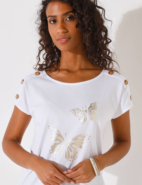 T-shirt col rond imprimé papillon doré (blanc)