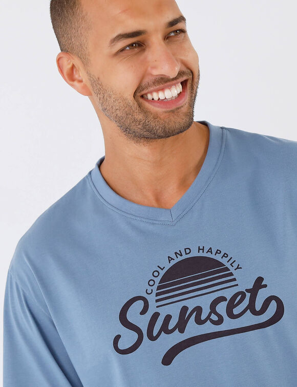 Pyjama coton carreaux manches longues (bleu gris&eacute;)